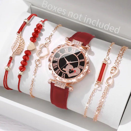 6PCS/Set Fashion Watch for girls Roma Heart Dial Leather Band Quartz Watches Leaf Bracelets Set(Without Box)