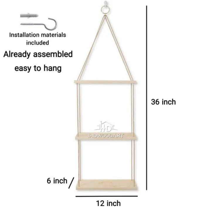 Hanging Rope Wall Shelf Floating shelves 3-Tier Hanging Shelf Wood Hanging Wall Shelf For Home Decor