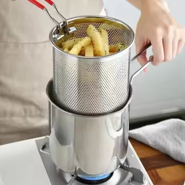 Deep Fryer Pot with Basket, Mini Deep Oil Fryer, 304 Stainless Steel Gadgets with Anti Scalding Silicone Handle, Fryer Pot for Home Tempura Chips Fries Fish